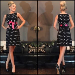 Black white polka dot dress with pink belt